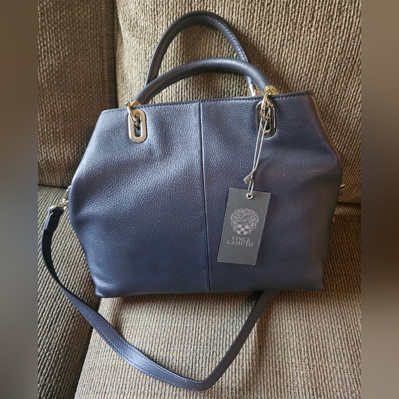 Vince Camuto Navy Blue leather Elva Satchel Handbag with crossbody strap NWT - Picture 3 of 16